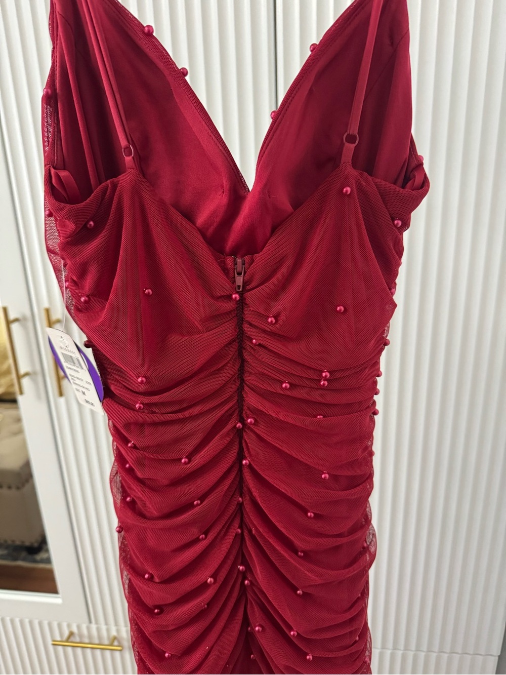 Red Ruched Pearl-Embellished Slip Dress